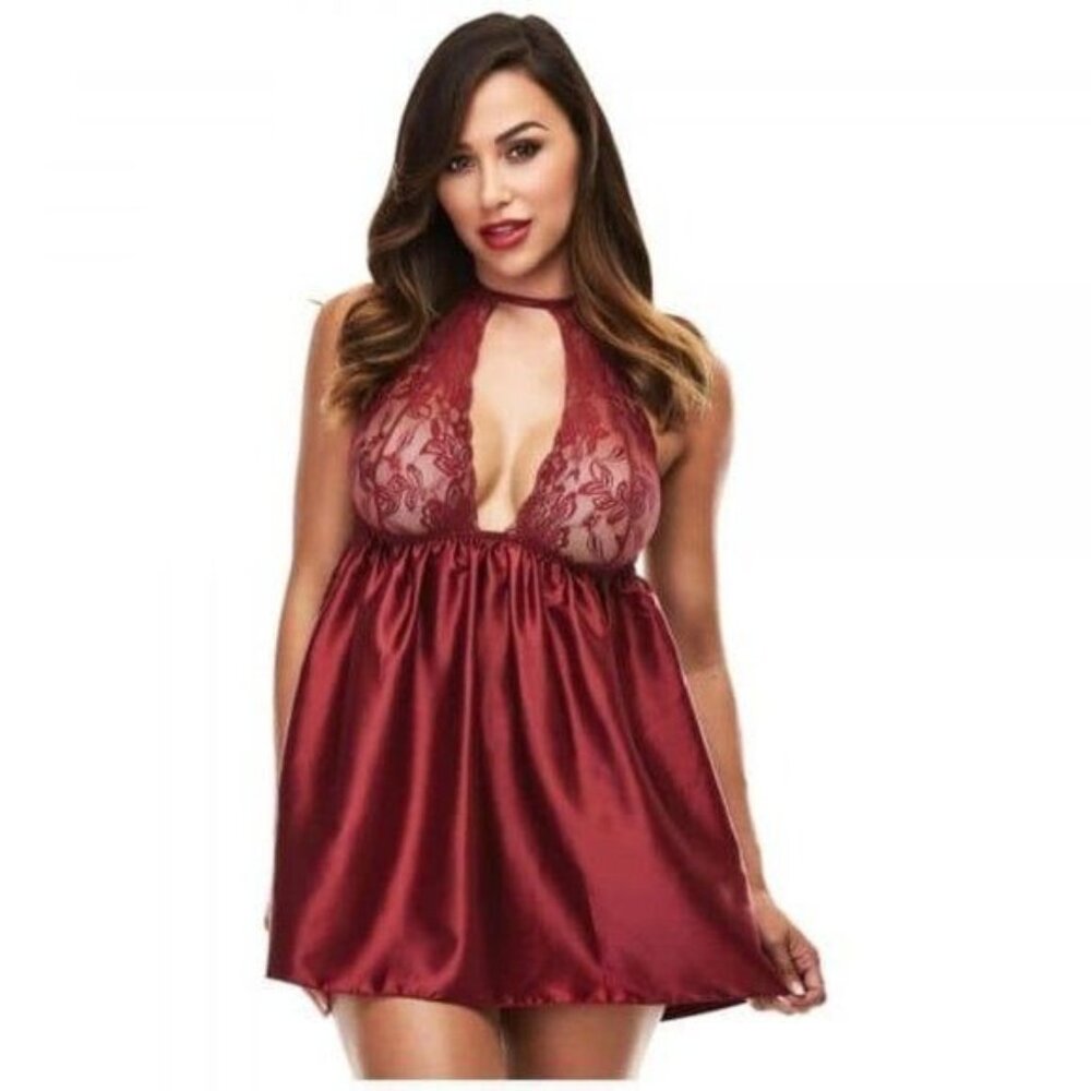 NWT Maroon Red Satin & Lace Babydoll Lingerie Nightie - M/L